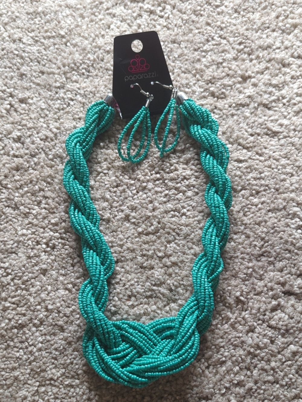 Paparazzi Brand Teal Seed Bead Earing and Knot Necklace Set One Size Beach Vibes